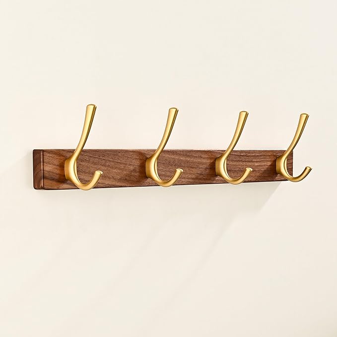 17.3" Small Walnut Wood Coat Rack Wall Mount with 4 Hooks, Heavy Duty Wooden Jacket Hanger Door Mounted for Decorative Entryway Bathroom Hanging Towel Backpack Purse Clothes Hat Key Gold