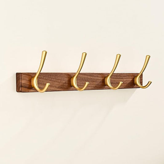 17.3" Small Walnut Wood Coat Rack Wall Mount with 4 Hooks, Heavy Duty Wooden Jacket Hanger Door Mounted for Decorative Entryway Bathroom Hanging Towel Backpack Purse Clothes Hat Key Gold