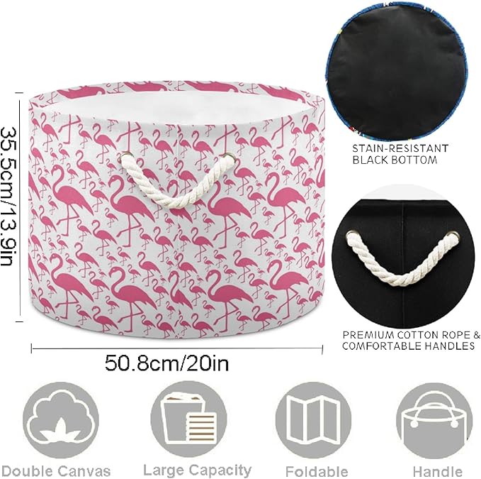 visesunny Pink Flamingo Collapsible Large Capacity Basket Storage Bin with Durable Cotton Handles, Home Organizer Solution for Office, Bedroom, Closet, Toys, Laundry