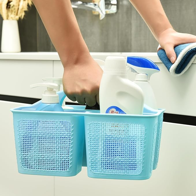Plastic Blue Shower Caddy Basket, Divided Cleaning Portable Shower Basket with Handle Compartments Storage Organizer for Bathroom, College, Kitchen, Dorm Room Essentials