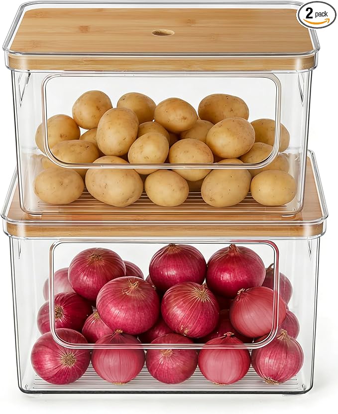 Hudgan Pantry Organizers and Storage, 2 Stackable Storage Bins for Onion, Potato, Garlic, Straight Side Clear Plastic Container for Home Edit, Kitchen Cabinet, Countertop, Bathroom and Laundry Room