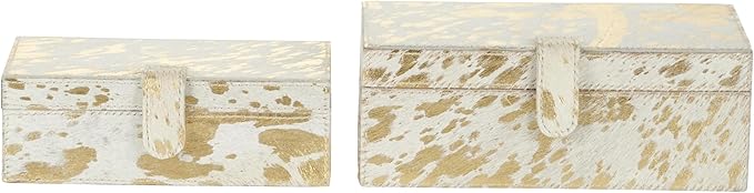 Deco 79 Leather Handmade Decorative Box Decorative Keepsake Boxes with Gold Foil Paint, Set of 2 Storage Boxes 8", 10"W, Gold