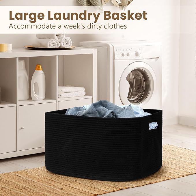 75L Blanket Basket, Large Woven Baskets for Storage, Blanket Storage for Living Room, Rope Basket with Handles for Bedroom, Nursery, Toys, Clothes, 22â x 17â x 11.5â, Black