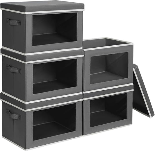 Stackable Storage Bins with Lids - Medium Storage Box with Lids, Foldable Closet Boxes for Organizing, Wardrobe Clothes Organizer with Window, Cubes Bins for Living Room, 5 Pack, Dark Grey