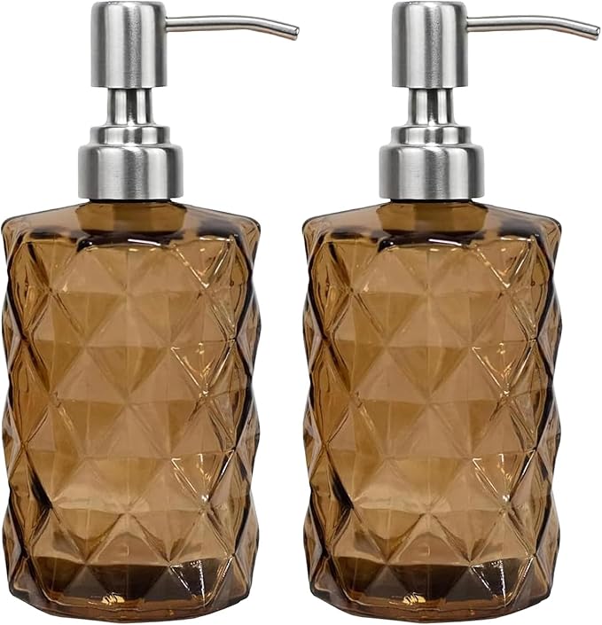 12Oz Brown Soap Dispenser Bathroom - 2 Pack, Clear Glass Hand Soap Dispensers with Stainless Steel Pump, Refillable Dish Soap Dispenser for Kitchen, Countertop Soap Dispensers