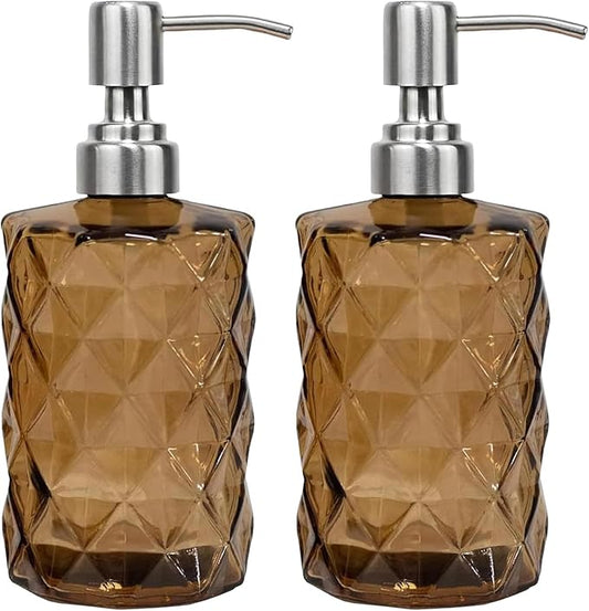 12Oz Brown Soap Dispenser Bathroom - 2 Pack, Clear Glass Hand Soap Dispensers with Stainless Steel Pump, Refillable Dish Soap Dispenser for Kitchen, Countertop Soap Dispensers