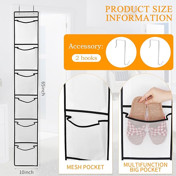 6 Large Breathable Mesh Pockets, Over The Door Shoe Organizer, Boots Hanging Storage Shoe Rack for Closet, Accessories - - White