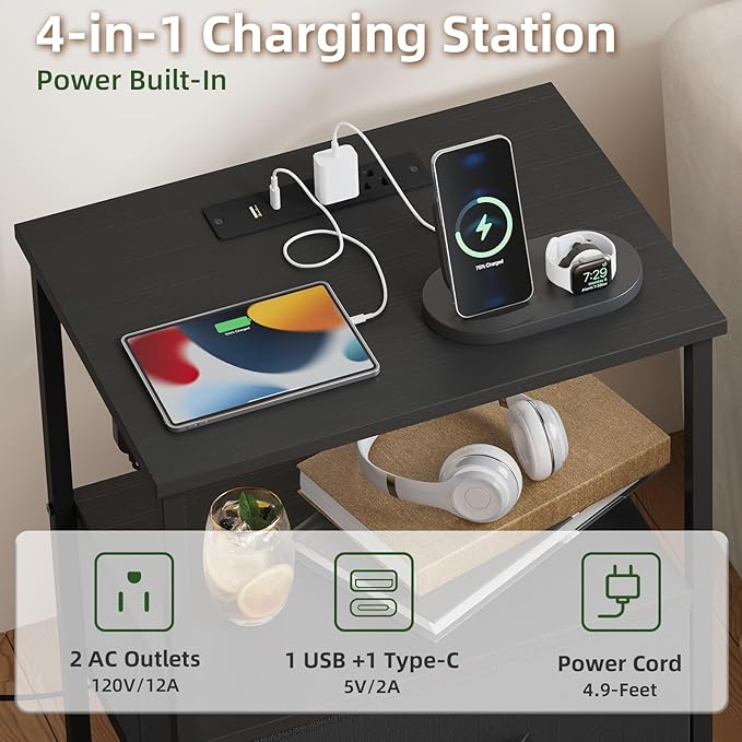 Somdot Black Nightstand with Charging Station and LED Light for Bedroom, 2 Drawers Dresser with Fabric Bins for Bedside Kids Dorm Room Closet Laundry Entryway, Black
