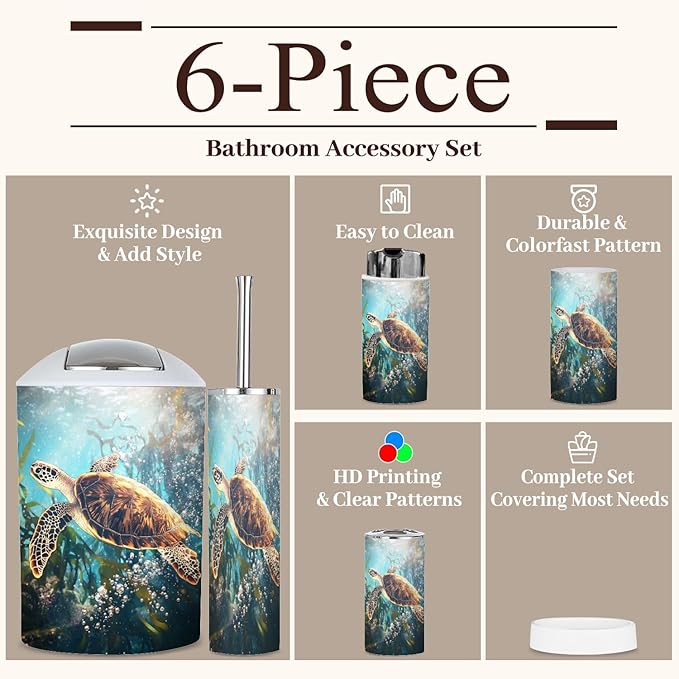 6 Piece Bathroom Accessories Set Sea Turtle Adventure Whimsical Kelp Forest Storybook Art Trash can Toilet Brush Holder Toothbrush Holder Toothbrush Cup Soap Dispenser Soap Dish for Home