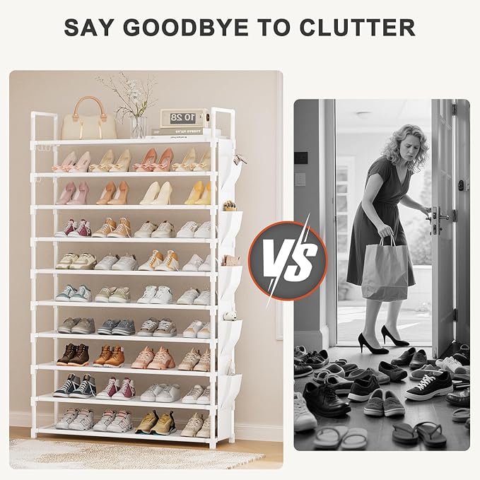Tall Shoe Rack 10 Tier Shoe Racks Organizer for Closet 40-45Pairs,Large Capacity Storage Rack for Shoes with 5Hooks,Sturdy Metal Shoe Shelf, Vertical Shoe Stand Tower