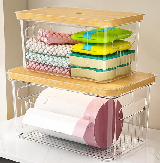 FELIZHOUSE 2 Pack Trash Bag Holder with Bamboo Lid, Stackable Garbage Bag Dispenser Under Sink , Storage Organizer for Kitchen, Laundry, Pantry