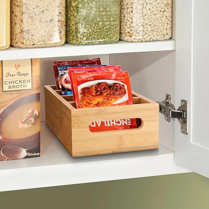 BSTKEY Seasoning Packet Organizer, Food Storage Organizer with 4 Removable Dividers, Bamboo Storage Caddy for Pantry Kitchen Cabinet, Kitchen Organization Bin with Handle for Snacks Spice Packets