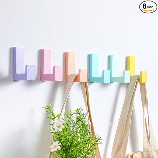 6 Pack Cute Kids Coat Wall Hooks Wooden Adhesive Decorative Colorful Wall Mounted Hangers Backpack Hooks for Hanging Keys Towel Clothes Bathroom Organization(Pastel)