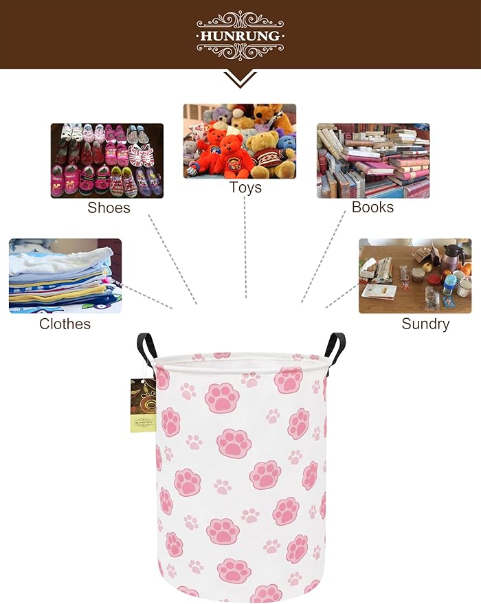HUNRUNG Laundry Hamper,Large Canvas Fabric Lightweight Storage Basket Toy Organizer Dirty Clothes Collapsible Waterproof for College Dormsï¼Round-Pink Pawï¼