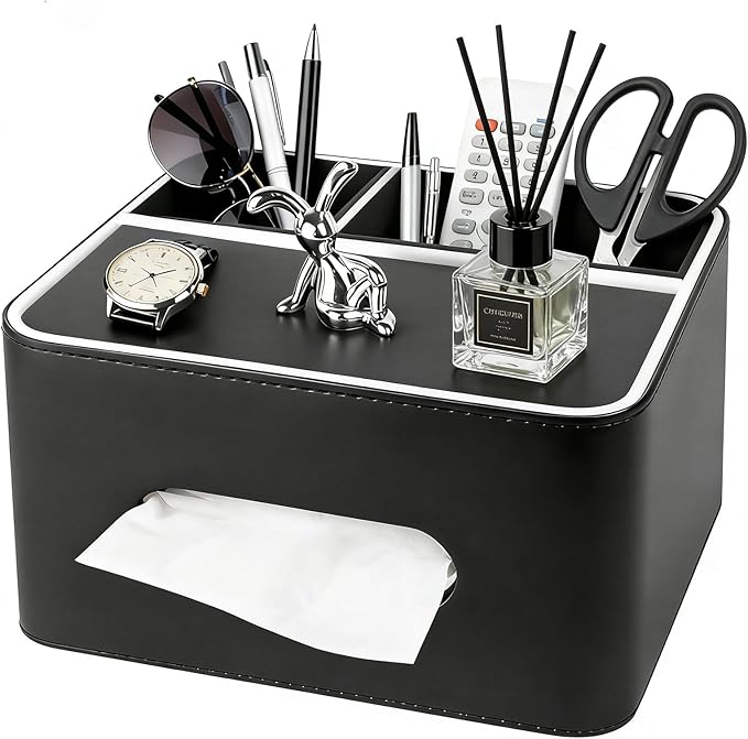 PU Leather Tissue Box Cover Square - Multifunctional Tissue Box Holder with Storage, Tissue and Remote Control Holder Organizer with Compartments for Bedroom Nightstand, Desk, Living Room (Black)