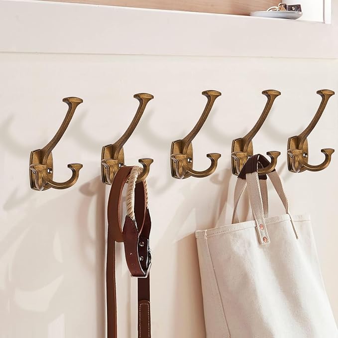 Large Wall Double-Sided Hook 2 Pack Antique Brass Hook Decorative Heavy Duty Solid Large Coat Hooks for Towel Hanging Coats Robe Towel Bags Door Back 2 Prong Hooks