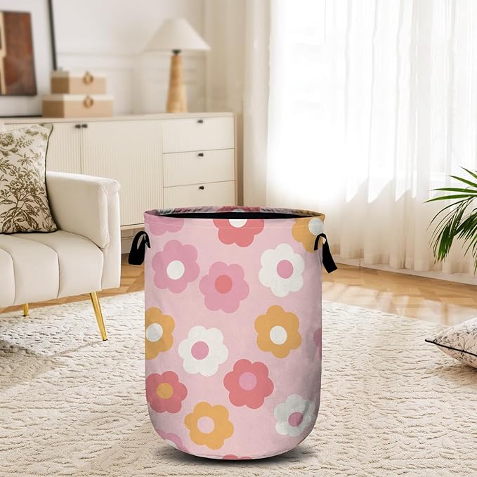 Retro Pink Flower Laundry Basket, Laundry Hamper Collapsible Oxford Cloth with Handle Clothes Toy Storage Bin for Bathroom Laundry Room Bedroom 15.7 X 20 Inch