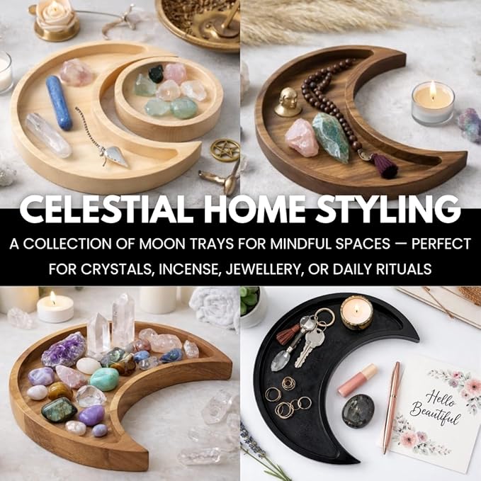 Walnut Moon Crystal Display Tray - Gothic Wooden Altar Tray 9.5" x 4.5" for Crystals and Stones Storage - Solid Wood Jewelry Organizer Dish - Spiritual Decor