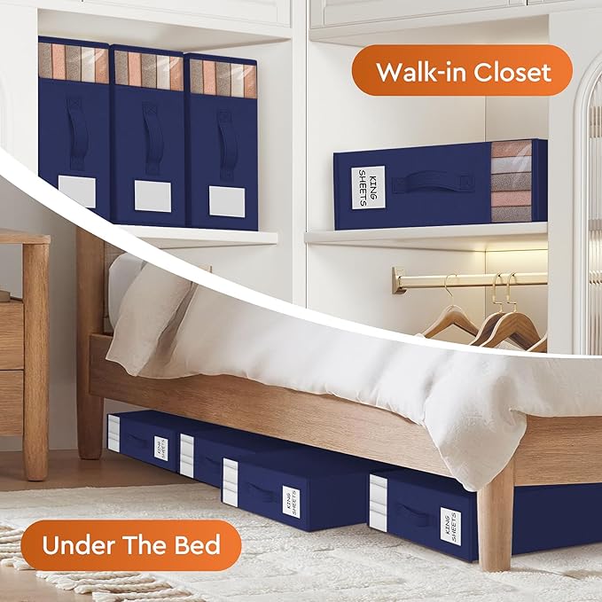 6 Pack Bed Sheet Closet Organizers and Storage,Sturdy Foldable Storage Containers with Window and Label,Storage and Organization for Bedding Sheets,Duvet Covers,Blankets (Blue)