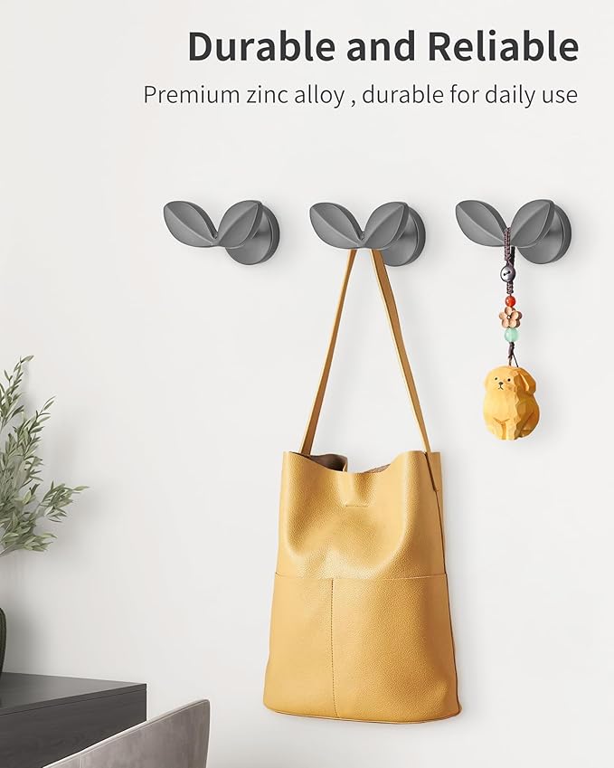 Decorative Coat Hooks Wall Mount, Unique Wall Decor Hooks for Hanging Towel Key Purse Hat Robe Clothes Cute Dual Leaves Hanger Hook for Bathroom Shower Closet Entryway Dark Gray 4 Pack