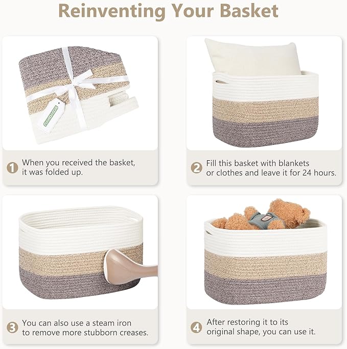 Cotton Rope Storage Basket, 15x10x9 Inches, Woven Basket for Shelves, Clothes, Towels, Books, and Laundry, White Blue (2 Pack)