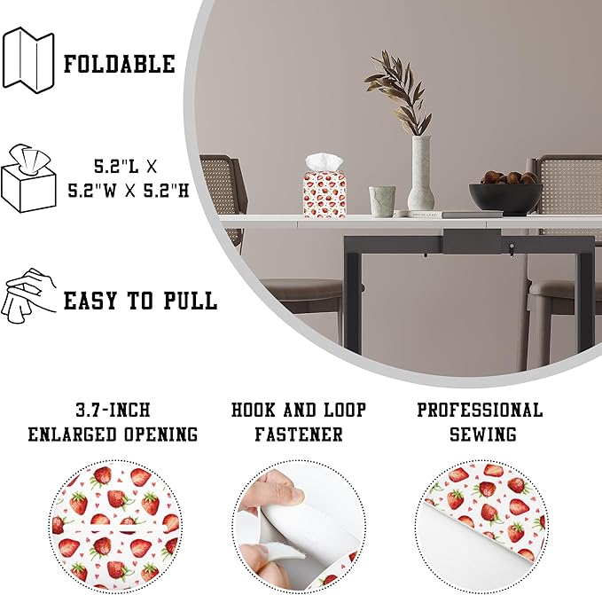 Tissue Box Cover Strawberry and Heart Leather Tissue Box Holder Cube Paper Case Cover Facial Paper Organizer Dispenser for Bathroom, Vanity Countertop, Office Desk