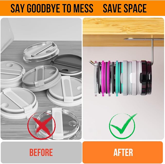 Tumbler Lid Organizer, Stainless Steel Tumbler Lid Holder Under Cabinet, Self Adhesive or Drilling Tumbler Lid Storage Hook, Cup Lid Organizer Wall Mount for Kitchen Cabinet (2, Silver)