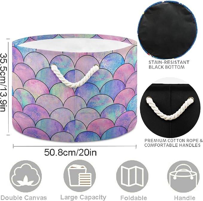 visesunny Storage Basket Magic Mermaid Scale Nursery Hamper Basket Clothes Toy Storage Organizer Bin Box Collapsible Laundry Bag for Kid Room,Playroom,Bathroom,Living Room,Dorm,Office