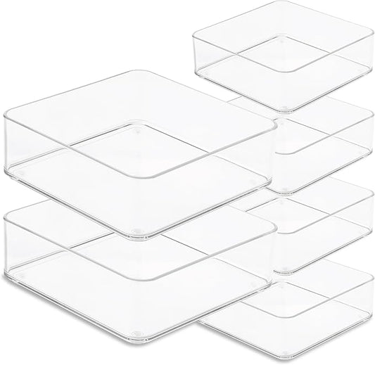 primebox Plastic Clear Drawer Organizers. Bathroom, Kitchen, Bedroom, Makeup, Office Organizer Bins, Storage Trays. Heavy Duty, Stackable. 6" x 6" x 2" Set of 6