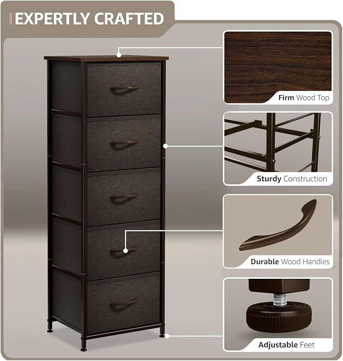 Sorbus Nightstand with 5 Drawers - Bedside Furniture & Night Stand End Table Dresser with Steel Frame, Wood Top, Easy Pull Fabric Bins for Home, Bedroom Accessories, Office & Dorm