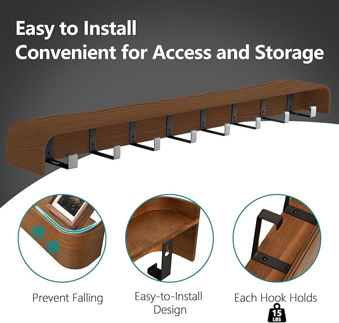 Coat Rack Wall Mount with Shelf 8 Hidden Hooks Modern Wooden Key Holder Entryway Organizer for Hallway Bedroom Bathroom Home Decor Storage for Hanging Coats Hats Bags Towels, Walnut