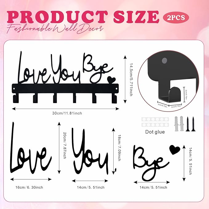 Valentines Key Holder Wall Mount, Love You Bye Key Holder for Wall, Key Holder Hook Rack Organizer Hanger with 6 Hooks for Entryway, Front Door, Hallway, Living Room (Love You Bye Artistic)