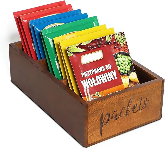 Packet Organizer, Acacia Wood Packet Storage Organizer with 3 Compartments,Farmhouse Kitchen Organization for Spice, Gravy, Taco, and Dressings Packets for Kitchen, Brown Labeled Packets