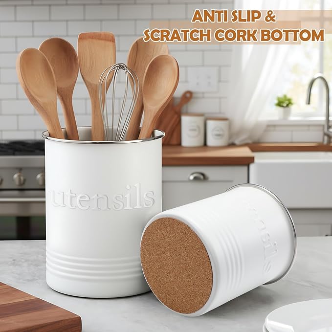2 Pack Kitchen Utensil Holder for Counter 6.7"+4.7" Farmhouse Cooking Utensil Crock with Cork Bottom Modern Farmhouse Decors Countertop Storage Organizer Caddy Housewarming Gift (White)