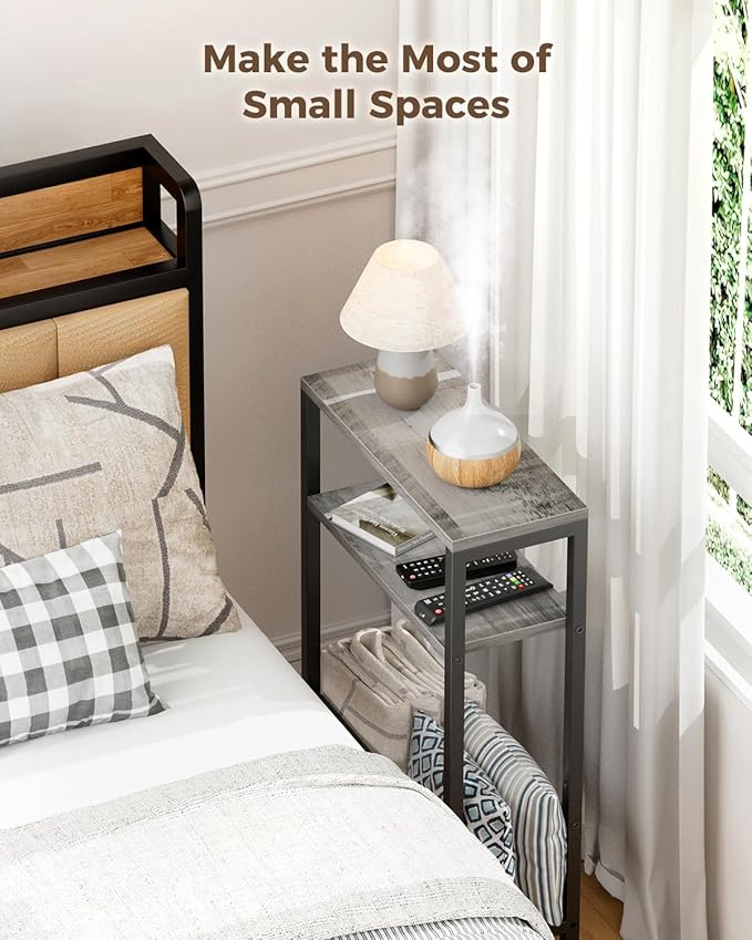 Karii Narrow Side Table, Skinny End Table for Small Spaces with Storage, 3-Tier Slim Wooden Bedside Nightstand Thin Couch Table for Living Room Bedroom Office Dorm Kitchen Bathroom (2, Gray)