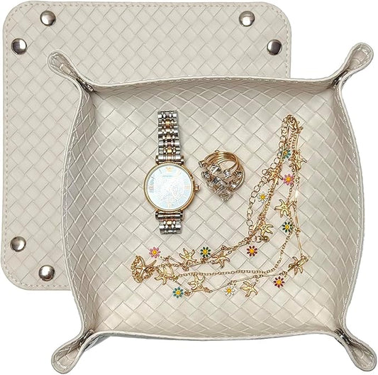 UnionBasic Small Valet Tray, Jewelry Tray for Rings Watches Earrings, Entryway Catchall Caddy for Coins Keys Change, Nightstand Bedside Valet Holder, Trays for Electronic Gadgets, Woven Beige