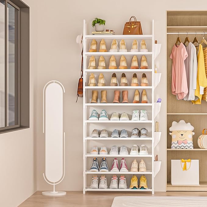 Tall Shoe Rack 10 Tier Shoe Racks Organizer for Closet 30-35Pairs,Large Capacity Storage Rack for Shoes with 5Hooks and Side Pocket,Sturdy Metal Shoe Shelf, Vertical Shoe Stand Tower