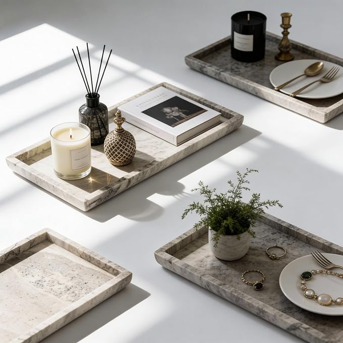 Natural Travertine Marble Vanity Bathroom Tray, 12 x 6 Inch Elegant Home Decor Tray for Kitchen,Bathroom,Dresser, Coffee Table,Sink Storage Holder Organizer, Gray Travertine (NS052)