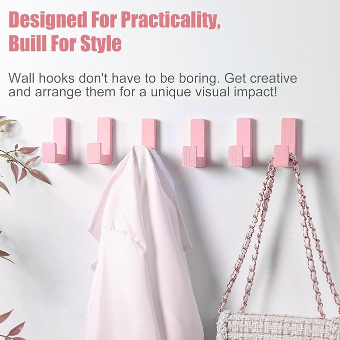 6 Pack Cute Kids Coat Wall Hooks Wooden Adhesive Decorative Colorful Wall Mounted Hangers Backpack Hooks for Hanging Keys Towel Clothes Bathroom Organization(Pink)