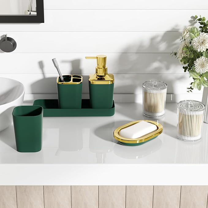 Bathroom Set - Dark Green Bathroom Sets with Shower Curtain and Rugs, 24PCS Shower Curtain Set with Hooks, Soap Dispenser, Soap Dish, Toilet Brush Holder and Trash Can for Housewarming