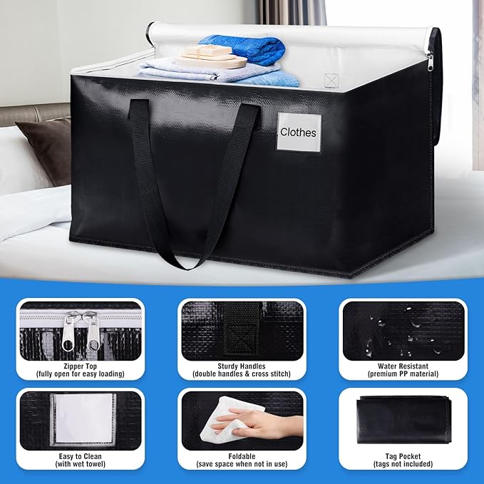 BlissTotes Moving Bags, Heavy Duty Moving Boxes with Zippers Top and Sturdy Handles, Storage Bags for Space Saving and Packing, Collapsible Moving Supplies, Storage Totes (125L, 2-Pack, Black)