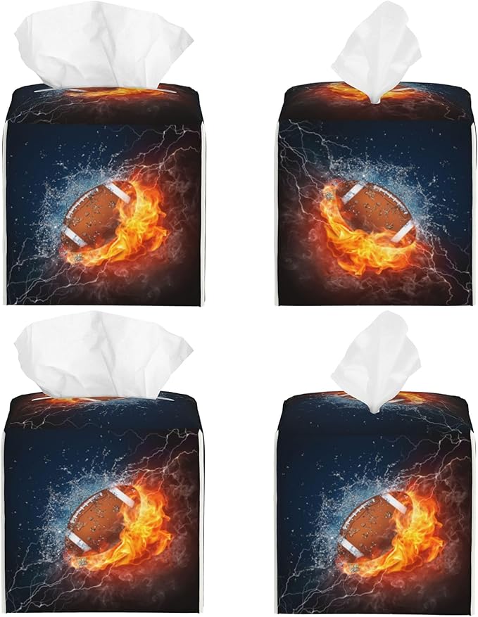 American Football in Fire and Water Tissue Box Cover Leather Tissue Box Holder Square Facial Paper Organizer Dispenser for Bathroom Kitchen Bedroom Vanity Countertop Night Stands