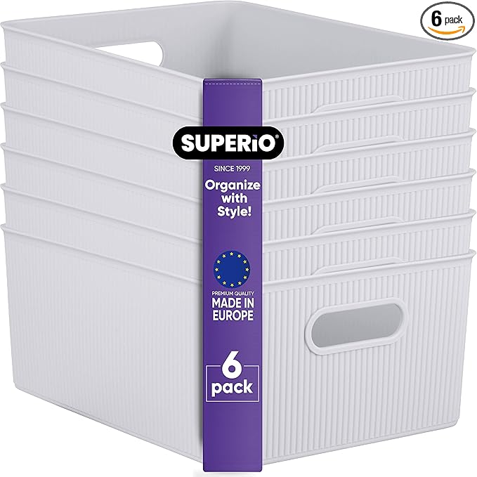 Superio Ribbed Collection - Decorative Plastic Basket Open Home Storage Bins Organizer, Large White Smoke (6 Pack) Container Boxes for Organizing Closet Storage Bins for Shelves 15 Liter/16 Quart