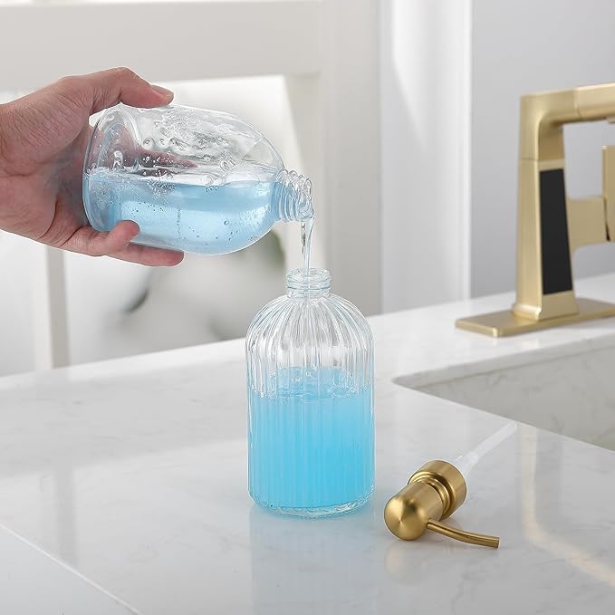 Gold Glass Soap Dispenser with Rust Proof Metal Pump, Vintage & Antique Design, 16oz Clear Glass Dish Soap Dispenser for Bathroom & Kitchen, 2 Packs