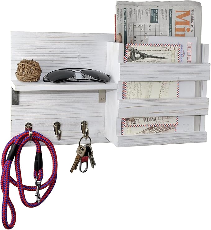 Spiretro Wall-Mounted Key Hooks Holder and Mail Sorter - Rustic Wood White - Entryway Organizer for Letters, Leashes, and Purses - Floating Shelf, 16.5” W x 9.75" H x 4.5” D