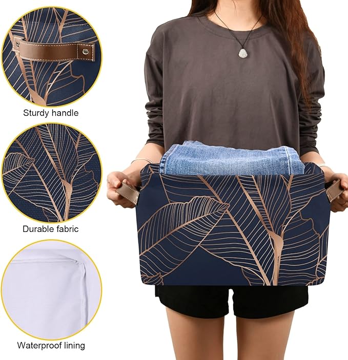 susiyo Gold Palm Leaves Navy Blue Closet Storage Bins with PU Handles, Foldable Fabric Storage Baskets for Shelves, Decorative Baskets Clothes Storage Baskets for Organizing-2Pack
