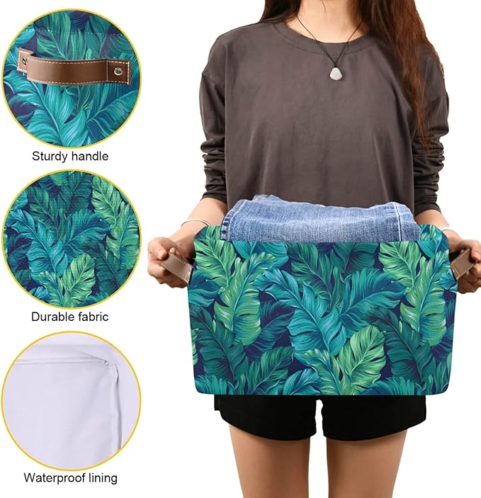 Bolaz Large Storage Basket Turquoise Tropical Leaves Green Foldable Storage Box Organizer Bins with Handles for Bedroom Home Office