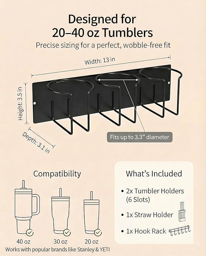 Magnetic Cup Holder for Fridge (4-Piece Set) – Compatible with Stanley Quencher H2.0 & Yeti 20–40oz – Heavy Duty 18LB Anti-Slip Magnetic Organizer with Straw Holder & Hook Rack for Kitchen, Garage
