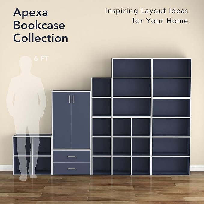 Homes: Inside + Out Apexa 4-Cube Storage Organizer Shelves, Stackable Wood Bookcase Fits Cubby Bins for Organization, Dorm Teen Room Decor & Home Office, Steel Blue