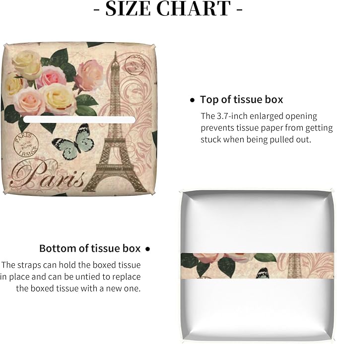 Vintage Paris with Rose Tissue Box Cover Leather Tissue Box Holder Square Facial Paper Organizer Dispenser for Bathroom Kitchen Bedroom Vanity Countertop Night Stands